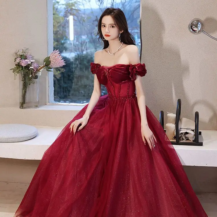 New wine sweat off shoulder lady girl women princess bridesmaid banquet prom party performance dress gown
