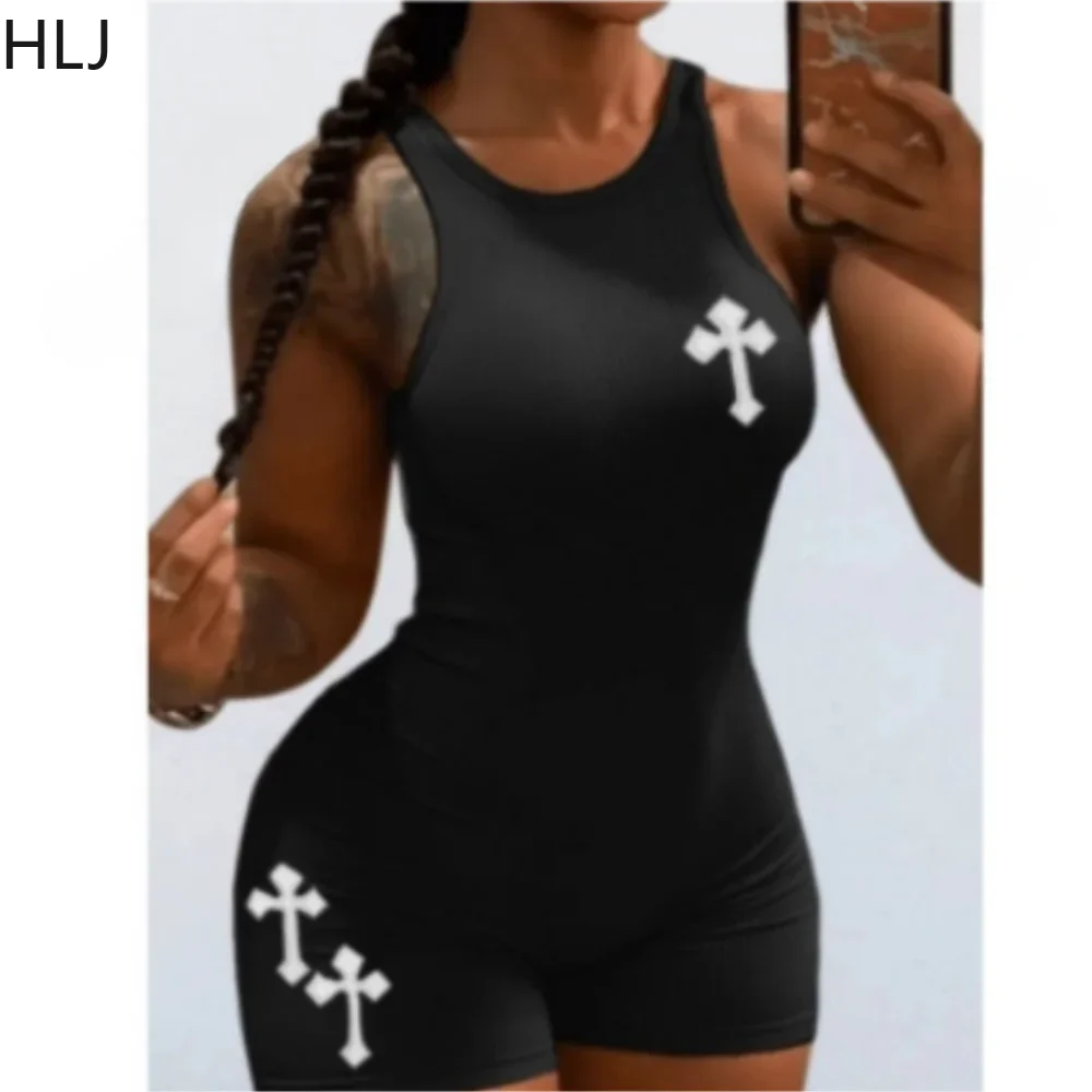 HLJ Black Sexy Printing Bodycon Jumpsuit Women Round Neck Sleeveless Slim Rompers Summer Casual Female Matching Overall Clothing