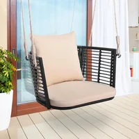 Outdoor Metal Porch Swing, Single Person Hanging Seat with/Woven Rattan Backrest, 2 Sturdy Hanging Ropes, Seat & Back Cushion 1