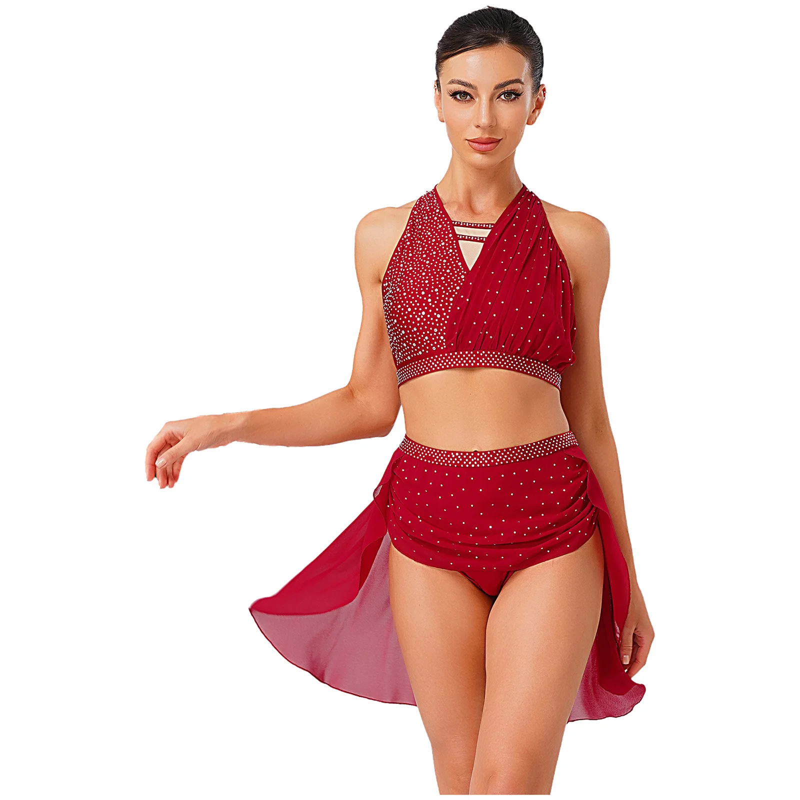 Damen Glänzendes Strass-Gymnastik-Kostüm für Eiskunstlauf, Lyrischen Tanz und Zeitgenössischen Ballett mit Crop Top und Rock – Detail 27