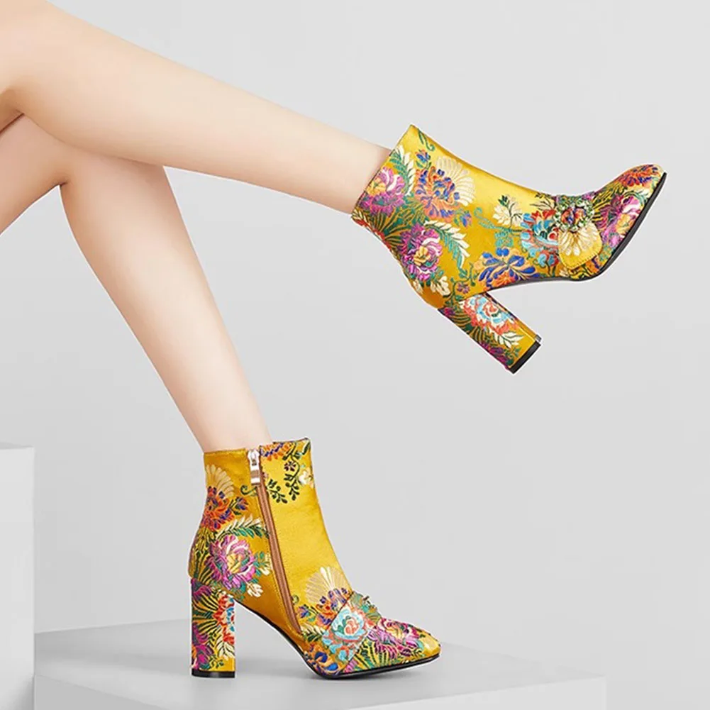 Big Size 43 Brand New Ladies Ankle Boots Fashion Zip Buckle Embroider Thick High Heels women's Boots Party Sexy Woman Shoes