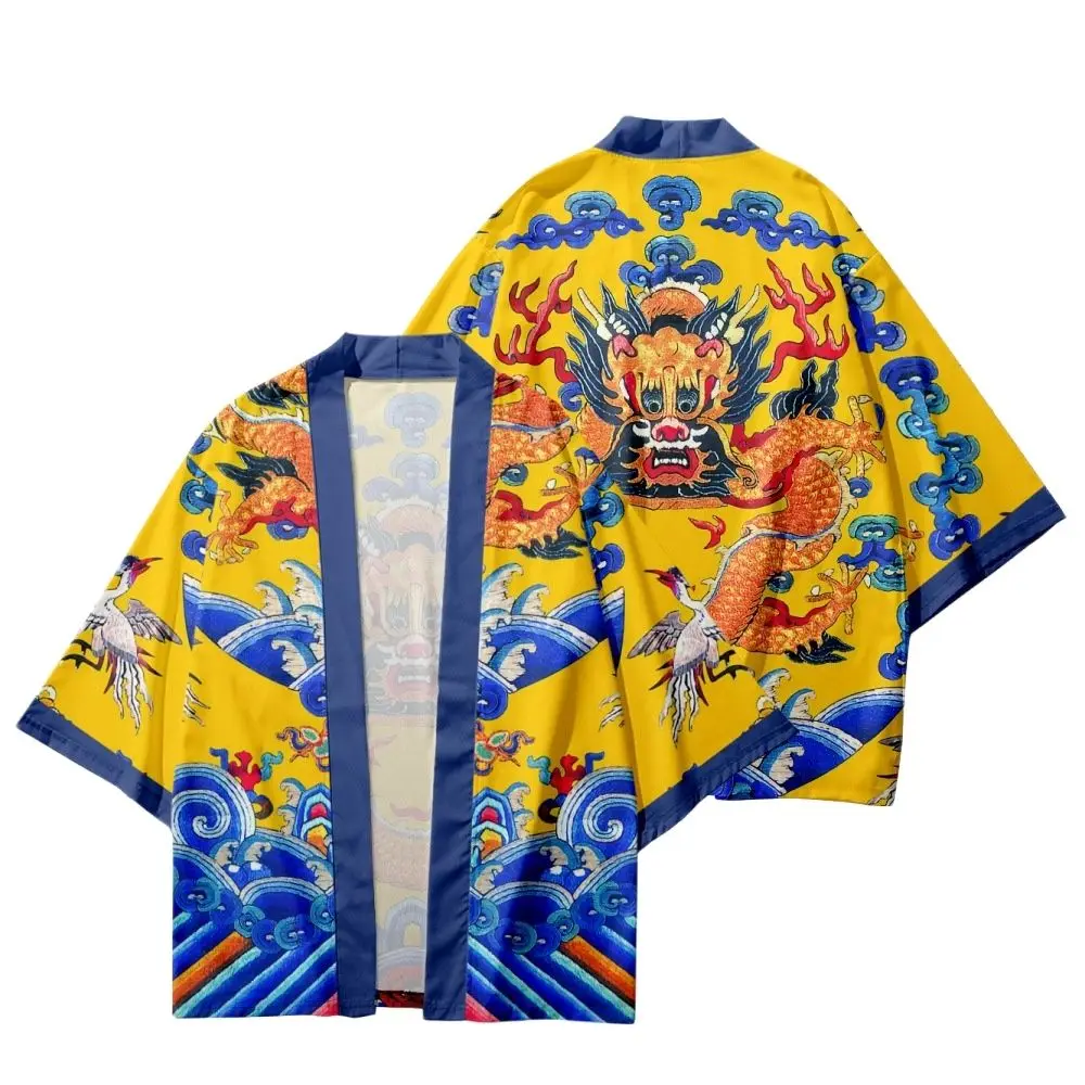 

Loose Japanese Beach Cardigan Streetwear Cartoon Chinese Dragon Crane Printed Yellow Men Women Kimono Shirt Haori Cosplay Yukat