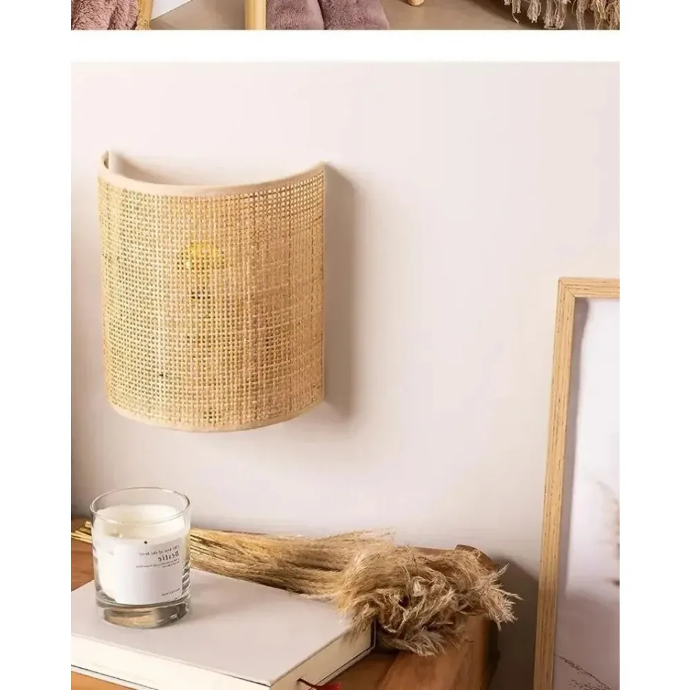 1/2/Pcs Natural Rattan Wall Lamp Farmhouse Wall Mount Lighting Living Room Bedroom Bedside Wall Sconce Led Lighting Corridor