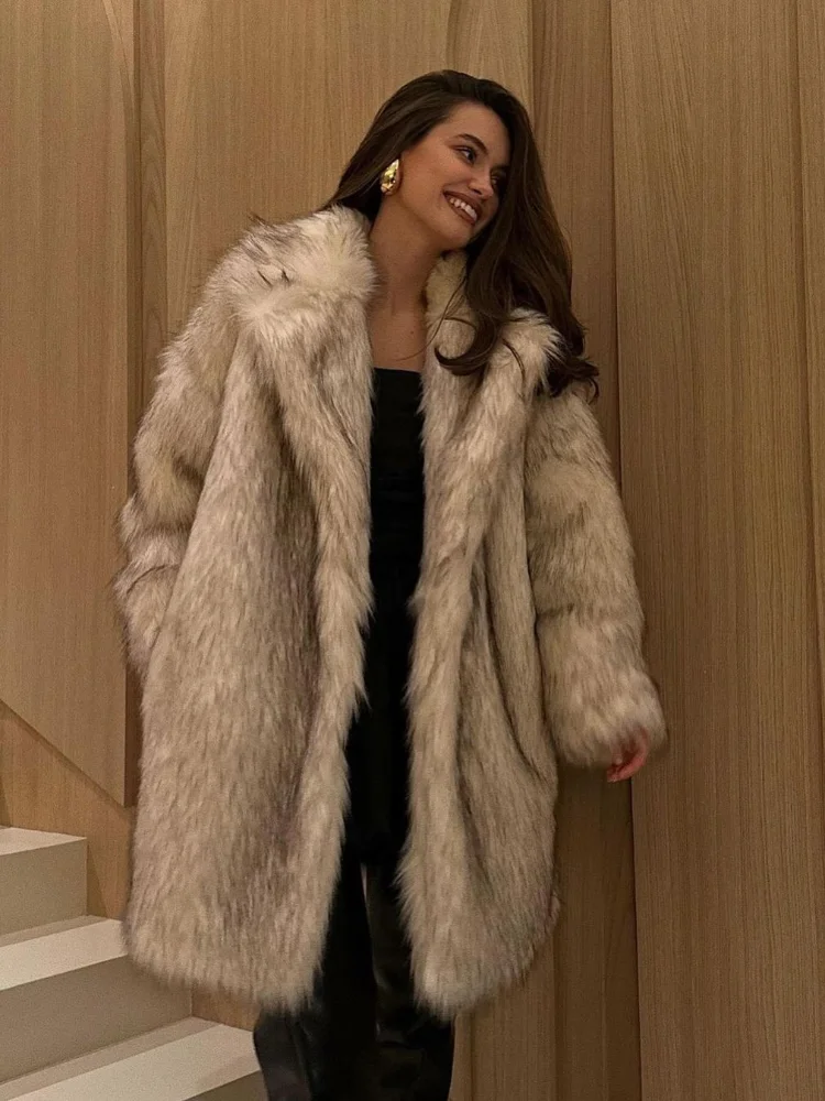 2025 Winter Fashion Burgundy Lapel Fluffy Fur Coat Women Casual Long Sleeve Faux Fur Plush Jackets Female Commute Streetwear New 2