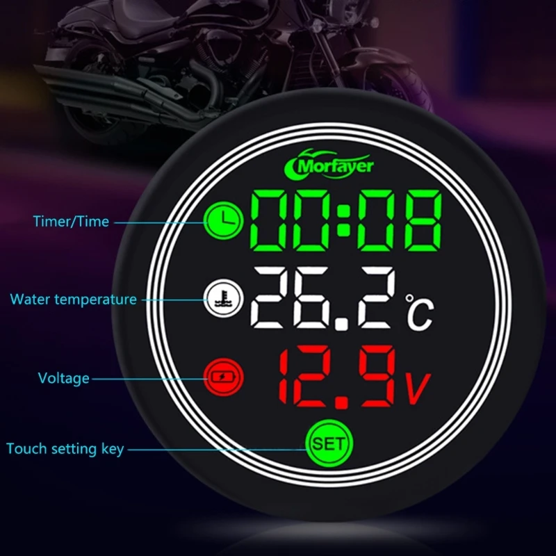 Asudaro 3-In-1 LED Moto Orologio Tensione Termometro Voltmetro,Termometro Con Display Digitale Universale 10-14V,Voltmetro Display Digitale,Impermeabile IP67 E Antipolvere Adatto Per Manubri Di Moto