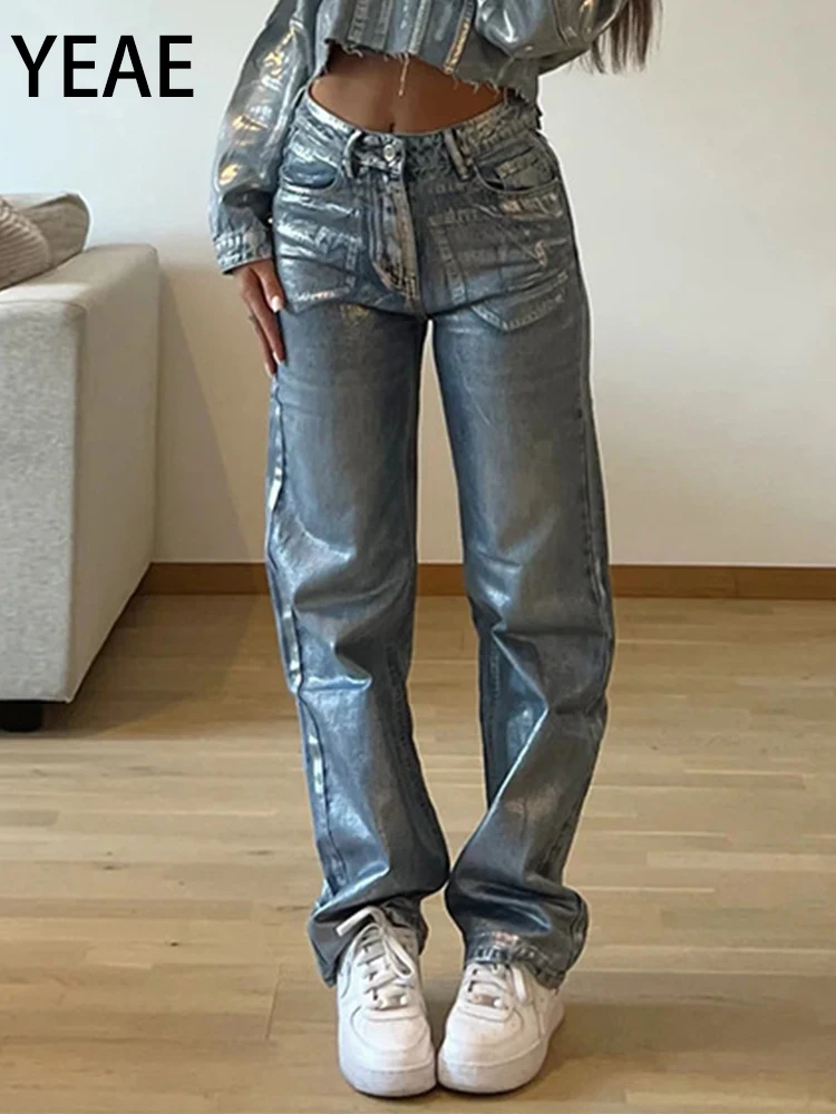 

YEAE Jeans Women Y2k American High Waist Straight Street Denim Pants 2023 Autumn Fashion Washed Printing Retro Wide Leg Trousers