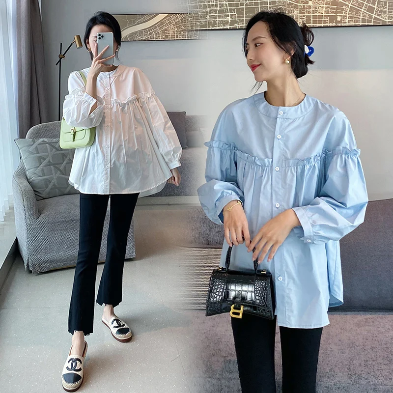 Maternity Cotton Long Sleeves Stand Collar Blouse European Fashion Design Pregnant Women