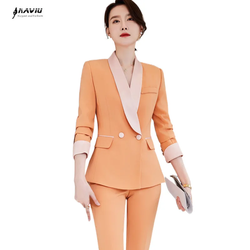 

NAVIU Orange Suits Women New 2023 Autumn Temprament Professional Formal Slim Blazer And Pants Sets Office Ladies Work Wear Red