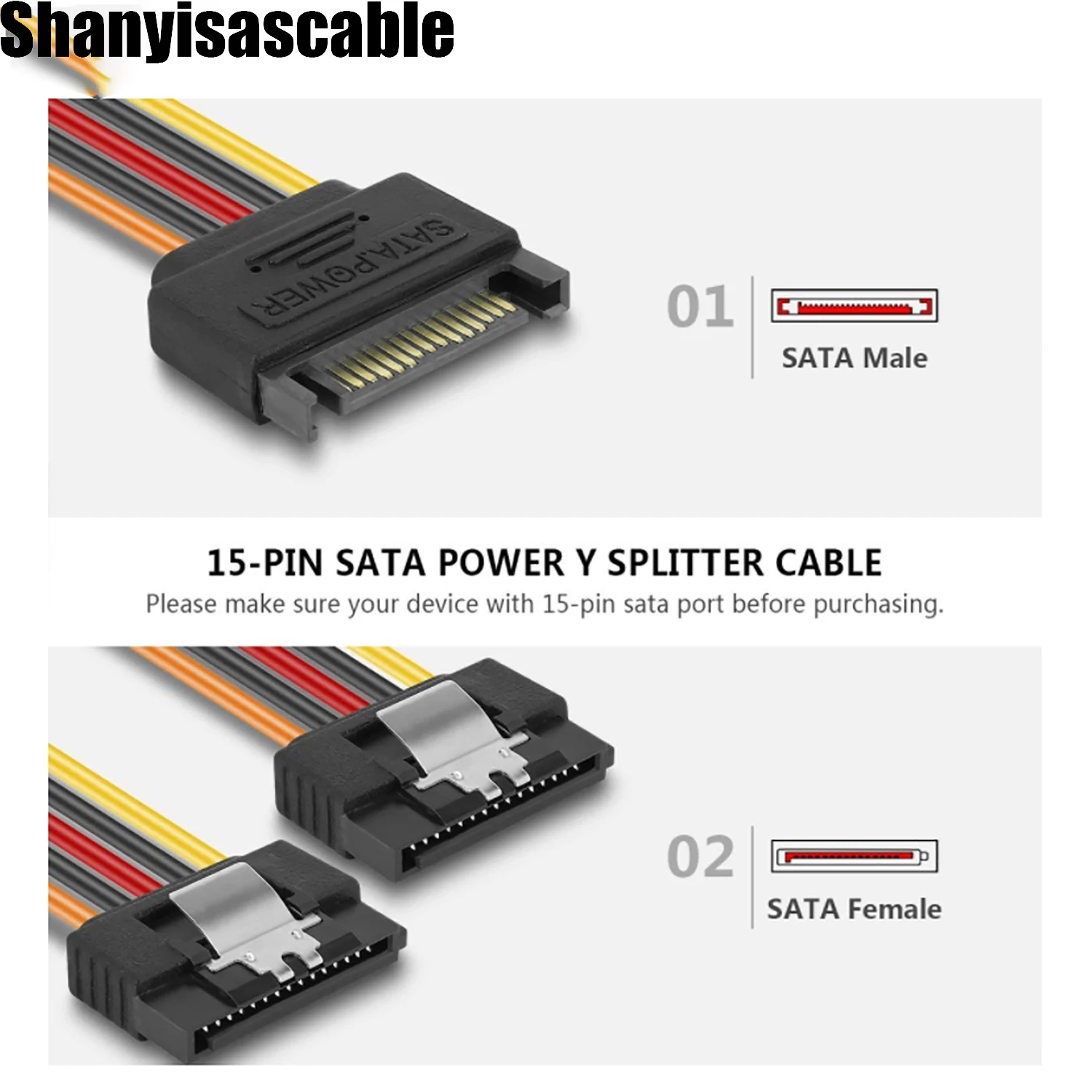SATA Power Y-Splitter Cable 0.15M 15 Pin 8 Inches 2 Pack, sata power cable