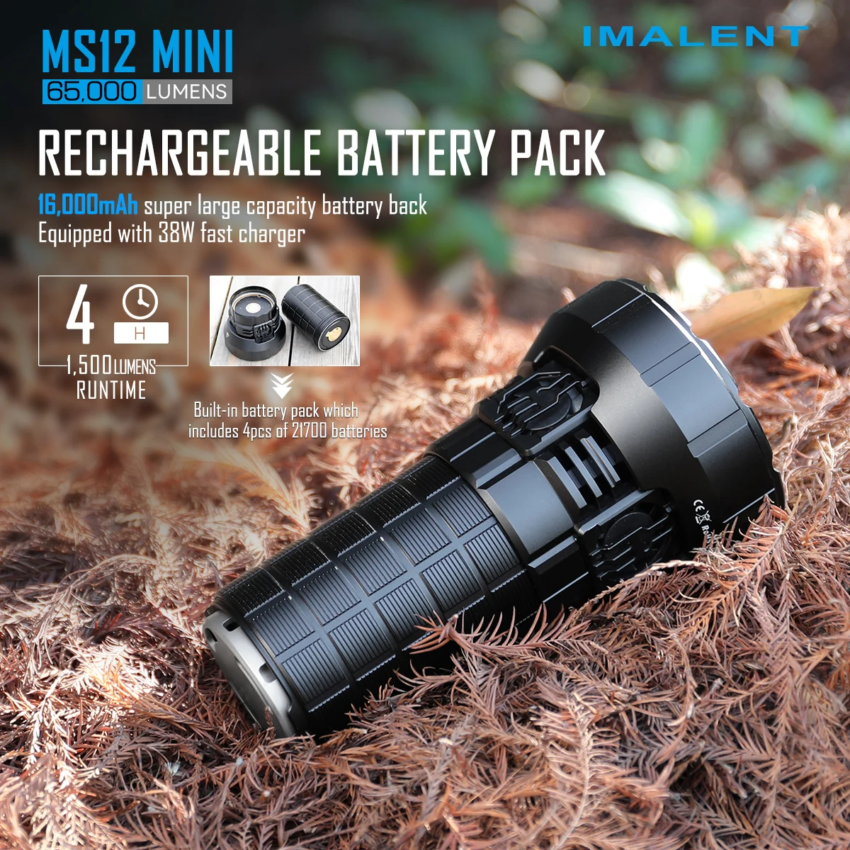 IMALENT MS12 Mini Powerful Flashlight CREE XHP 65000LM Rechargeable Torch Light with 21700 Battery for Hunting