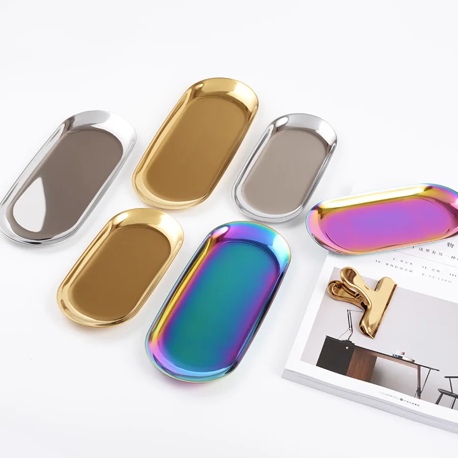 

C2 2PCS Desktop Cosmetic Jewelry Tray Korean Style Stainless Steel Storage Tray Dessert Plate Nut Fruit Cake Tray Bag Organizers