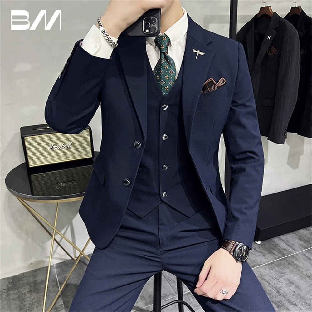 One Button Men's Suit Set 3 Piece Jacket Vest Pants Solid Grey Black Business Men Tuxedo Groom Suits For Wedding Plus Size