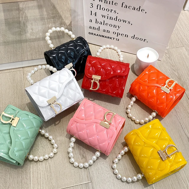 Mini Diamond Lattice Handbag Girls Pearl Handle Chains Shoulder