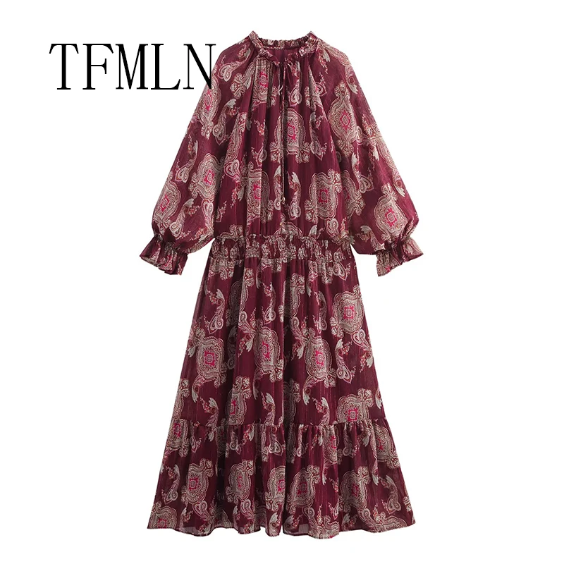 TFMLN Women Loose Long Dress Fashion Holiday Style Lantern Sleeve Lace Up Neck Midi Dress Bohemian Summer Vintage Dress