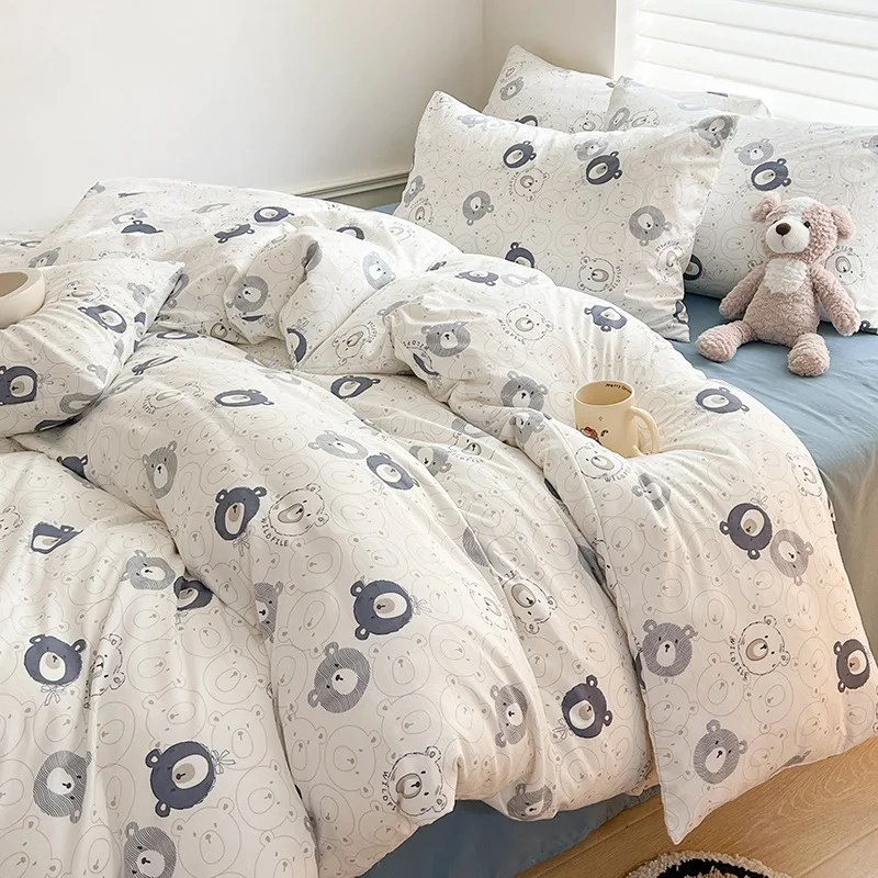 thumbnail image 1 of Juego de 4 fundas de edredón sin relleno, estilo coreano, tamaño Queen, para niñas y niños, juego de sábanas planas, fundas de almohada y colcha, 1 of 5