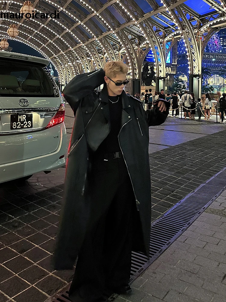 Mauroicardi Spring Autumn Oversized Cool Extra Long Black Pu