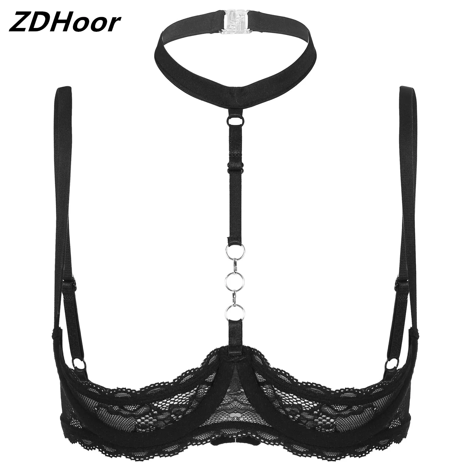 

Womens Sexy Open Cup Bra Tops 1/4 Cups Underwire Bra Halter Neck O Ring Sheer Lace Push Up Brassiere Lingerie Underwear Clubwear