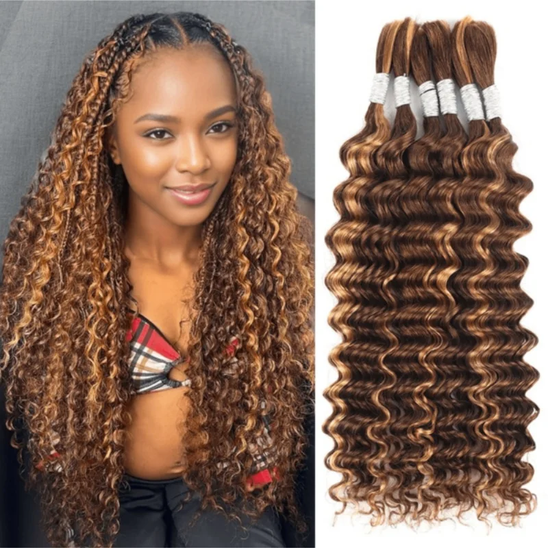 30Inch Colored Human Hair Bulk For Boho Braiding Curly Brazilian Highlight Deep Wave Human Hair Extension No Weft 2 Bundles 110g 1