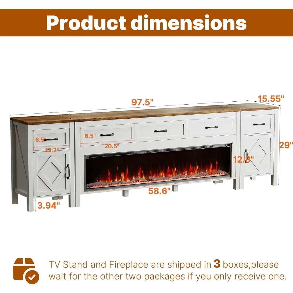 Farmhouse TV Stand with Fireplace for TVs Up to 100 Inch,Entertainment Center with 60" Electric Fireplace,98" TV Console with St 2