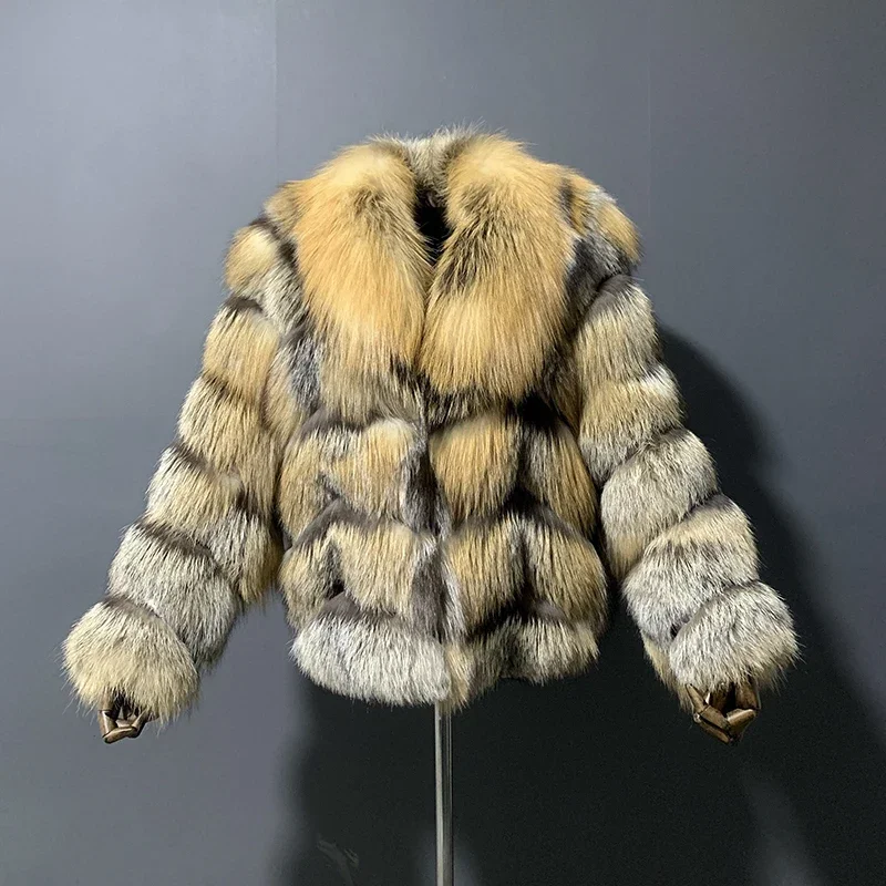 

rf22118 Women's Real Fox Fur Coat with Shiny Leather Natural Fur Jacket with Big Fur Collar