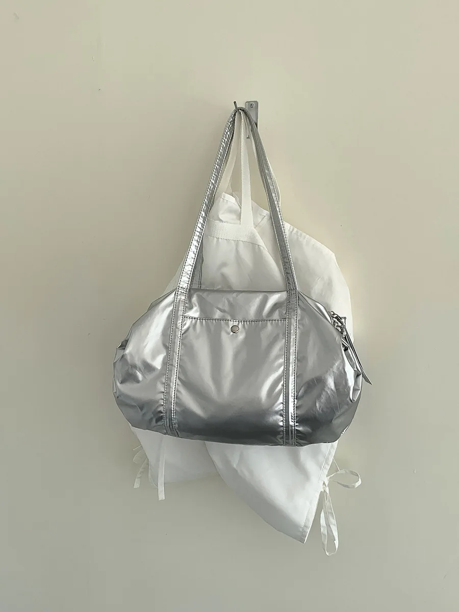 Fashion Silver Shoulder Bag Nylon Commuter Bowling Bags Large Capacity Korean Women's Handbag Summer Niche Solid Color Handbags