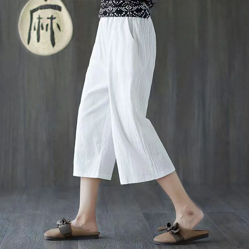Women's 2024 Summer New Patchwork Elasticized Pocket Fashion Solid Colo Minimalist Comfortable Straight Cotton Hemp Casual Pants