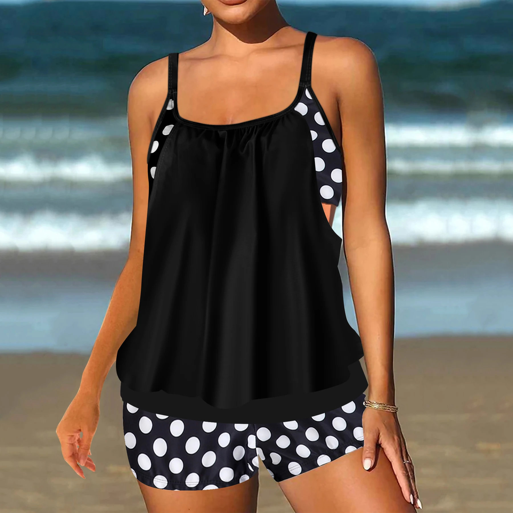 طقم تانكيني نسائي بطباعة استوائية - ملابس سباحة قابلة للتمدد وغير شفافة مع شورت عالي الخصر بيكيني ملابس شاطئ صيفية