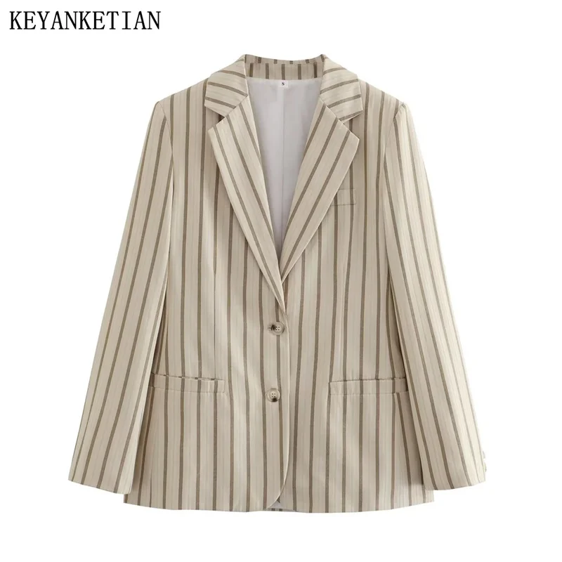 

KEYANKETIAN Ladies Khaki Striped Suit Fall New Commuter Style Single-Breasted Pockets Casual Straight-Leg Women Top Office Lady