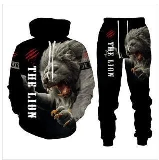 American Street Retro Print Hoodie Set Casual Sports Set Animal Print Wolf Pattern Handsome Versatile Men's Set