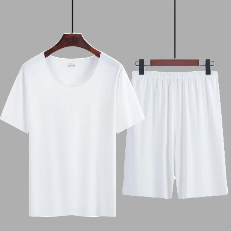 Summer Thin Men's Pajamas Suit Home Wear Seamless Short Sleeve Shorts Sleepwear Sets for Men Crew Neck Casual Summer Clothing