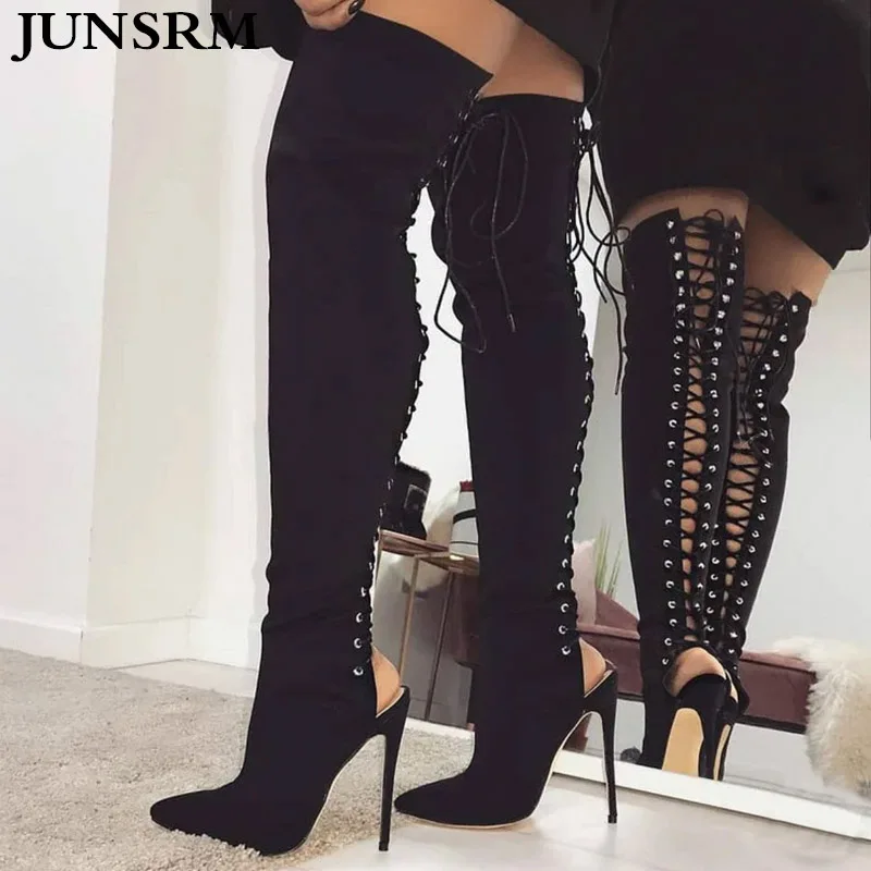 

Suede Black Back Lace-Up Thigh-High Boots Sexy Pointed Toe Stiletto Slingback Over The Knee Boots 10CM 12CM Ultra-high Heel Shoe