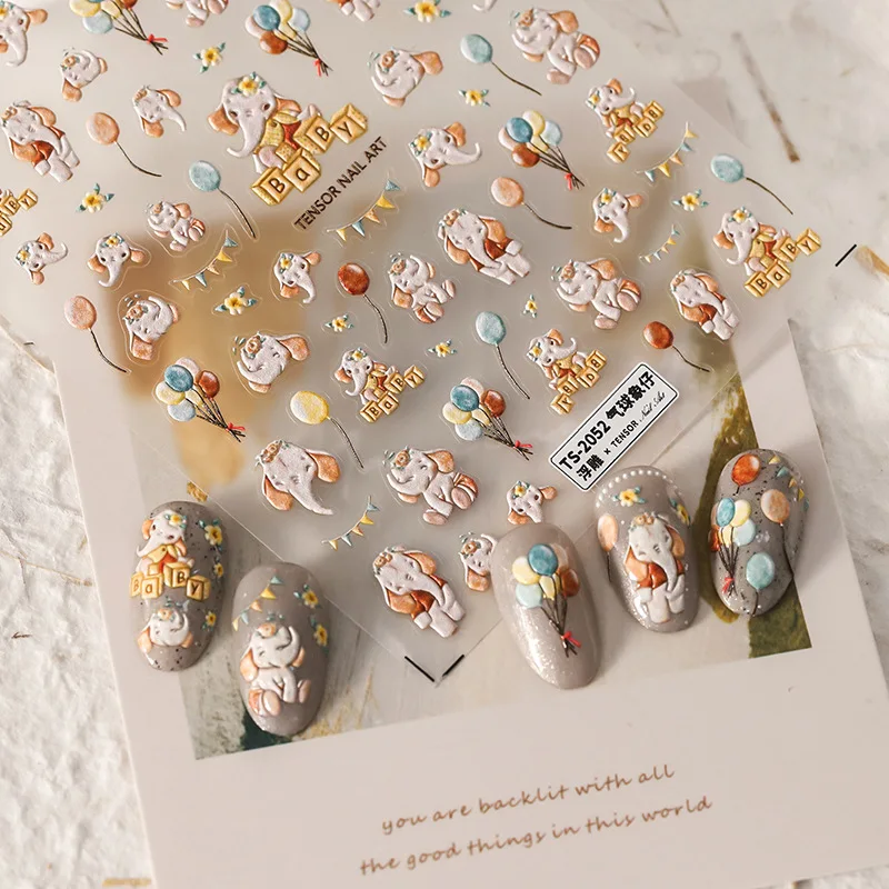 1 Sheet 5D Realistic Relief Cute Balloon Playing Elephant Baby Party Adhesive Nail Art Stickers Decals Manicure Ornaments 4
