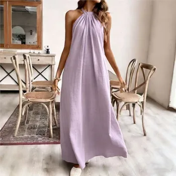 Sexy Backless Loose Women's Dress Summer Fashion Hanging Neck Design Simple Solid Beach Dresses Lady Elegant A-line Vestidos 1
