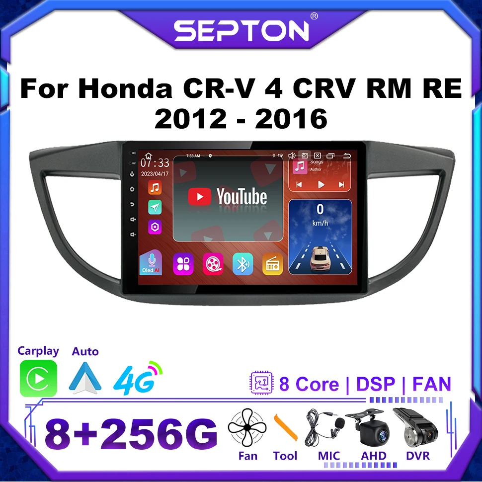 

SEPTON 8+128G Android12 Car Radio Multimedia Player For Honda CR-V 4 CRV RM RE 2012 - 2016 GPS WIFI Head Unit CarPlay Autoradio