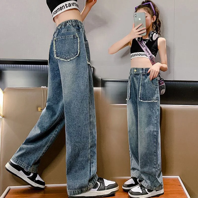 용수철 십대 소녀 데님 와이드 레그 팬츠, 어린이 바지, 캐주얼 청바지, 4, 6, 8, 10, 11, 12, 13 세 아동복, 여름