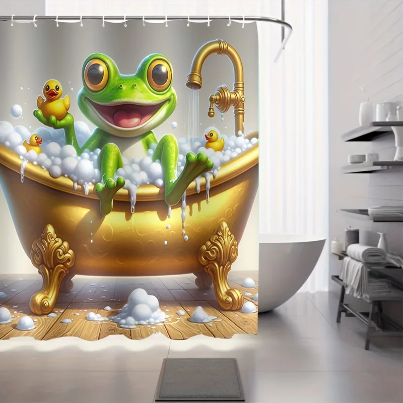 ม่านอาบน้ำลายกบตลกๆ พร้อมเป็ดยาง ของตกแต่งห้องน้ำสำหรับเด็ก ผ้ากันน้ำ ชุดม่านห้องน้ำสำหรับตกแต่งบ้าน 1