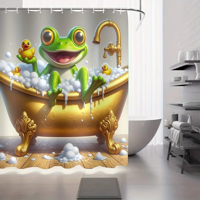 ม่านอาบน้ำลายกบตลกๆ พร้อมเป็ดยาง ของตกแต่งห้องน้ำสำหรับเด็ก ผ้ากันน้ำ ชุดม่านห้องน้ำสำหรับตกแต่งบ้าน 1