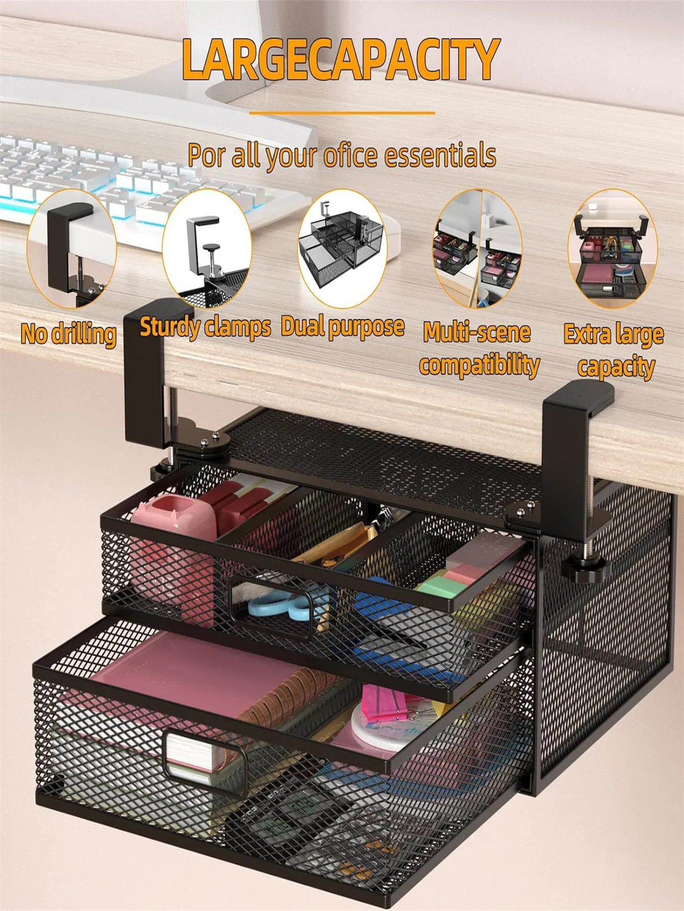 Organizer per Cassetti da Scrivania Tipo Clip-On, Accessorio in Rete Metallica, 2 Cassetti Estraibili, Organizzatore per Scrivania o Sotto la Scrivania - immagine 4