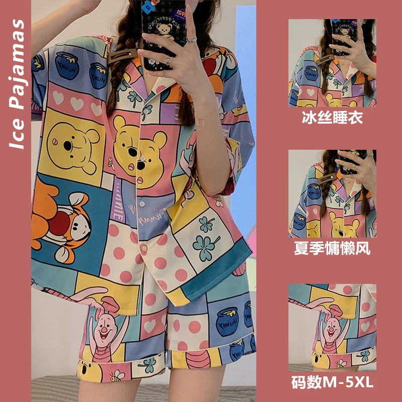 Kawaii Mickey Mouse Anime Goods Pooh Bear Stitch Summer Shorts Thin Puzzle Loungewear Set Ladies Pajamas Gift for Girlfriend