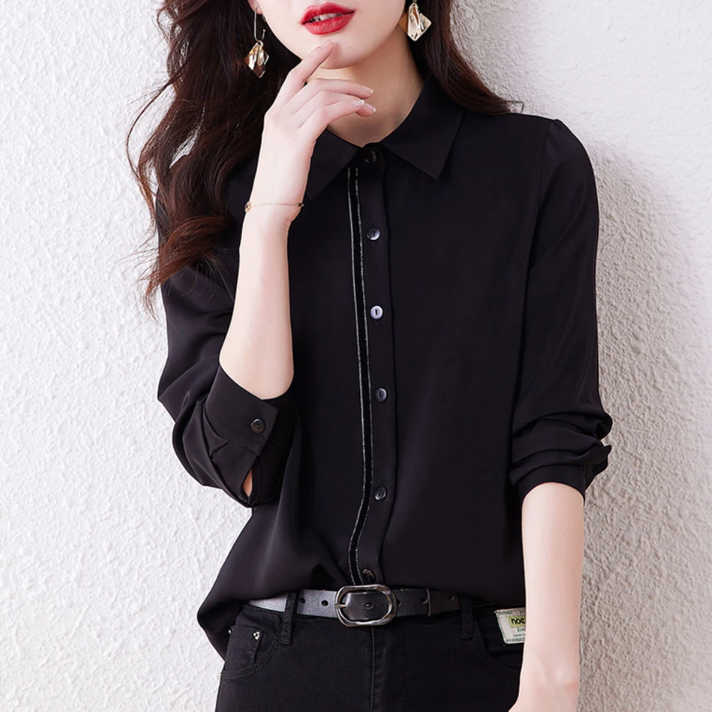 Camisas negras para blusas elegantes de manga con solapa a rayas para oficina - AliExpress