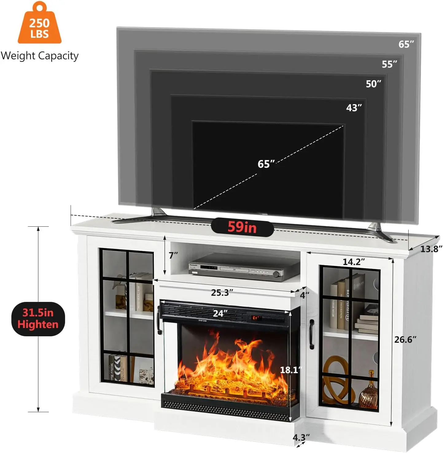 59'' Fireplace TV Stand, 3 Sided Glass Media Entertainment Center Console Table for TVs up to 65'' with Glass Door Adjustable 6