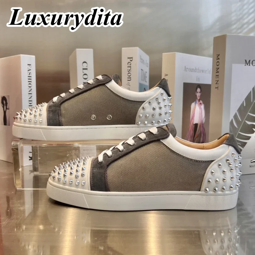 LUXURYDITA Designer Men Casual Sneakers Real Leather Rivet Luxury Womens Tennis Shoes 35-47 Fashion Unisex loafers HJ634