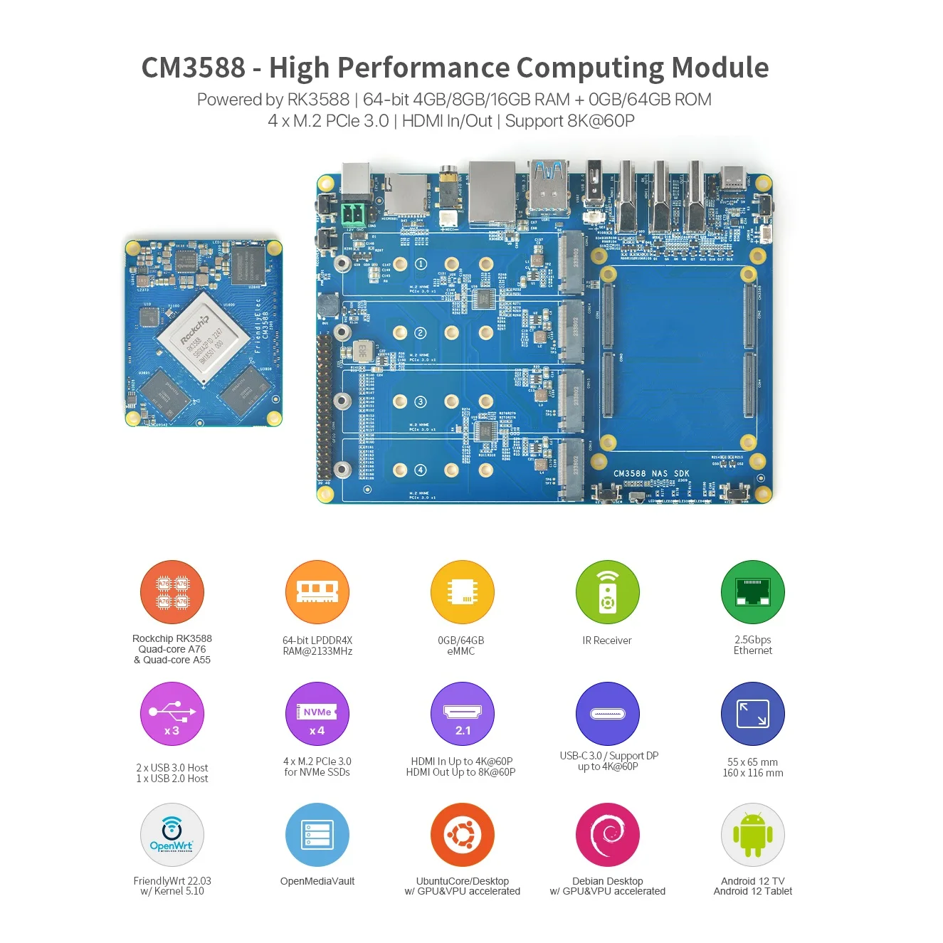 

CM3588 NAS Kit & RK3588 core,Rockchip,Quad Cortex-A76 & Quad ARM Cortex-A76,GPU: Mali-G610 MP4,USB3.0,HDMI,2.5Gbps Ethernet