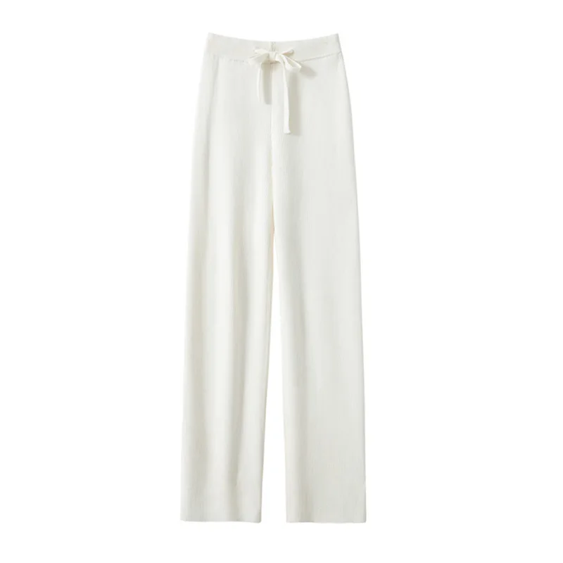 Knitted Wide Leg Pants Women Autumn Winter Warm Elastic Lace Up Straight Trousers Vintage High Waist Stretch Pantalones S-Xl