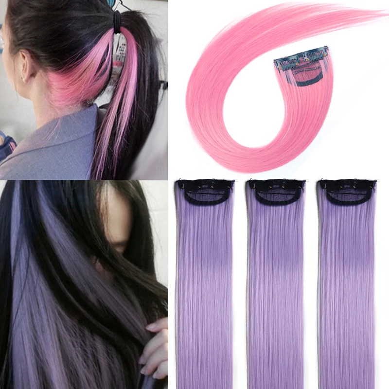 Synthetic 1 PC Colored 2Clips in Hair Extension Straight Hairpieces Pink Purple Green Natural Hair Extension Fake Hair Pieces