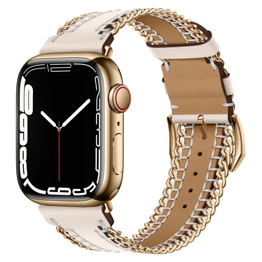 Leather Metal Bracelet for Apple Watch Band 45mm 41mm 44mm 40mm 49mm 42mm 38mm Wristband for iWatch Series Ultra 9 8 7 6 5 3 SE