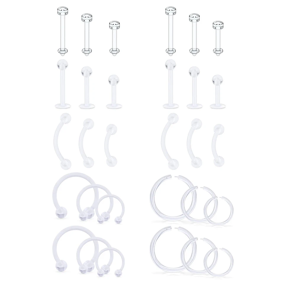24 Piercings Labret Bioflex Transparents - Tiges 6/8/10/12mm 16G - Pour Lèvres, Nez, Oreille - Hypoallergénique