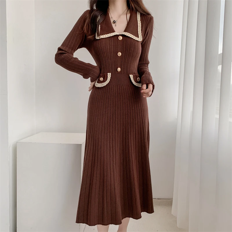 Vestidos de punto de otoño e invierno para mujer, cuello vuelto, moda coreana, corte en A, vestido liso informal, vestidos ajustados para mujer, nuevo
