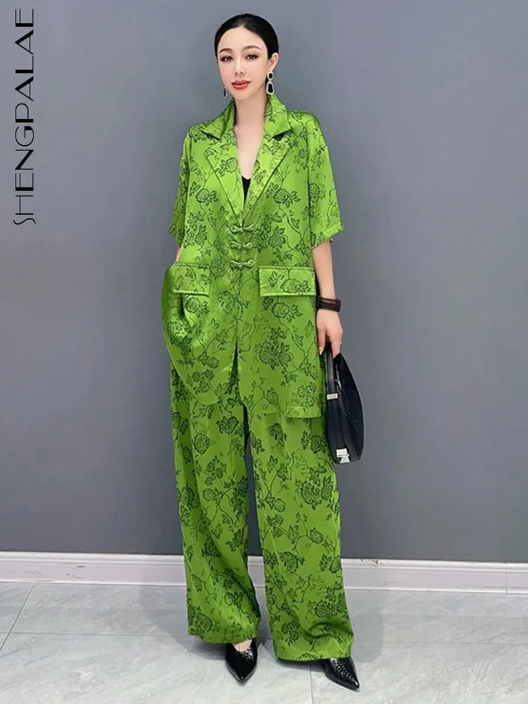 

SHENGPALAE Spring Women 2 Piece Set Printed Notched Collar Frog Half Sleeve Blazers Loose Wide Leg Pants Spring 2024 New 5R4587