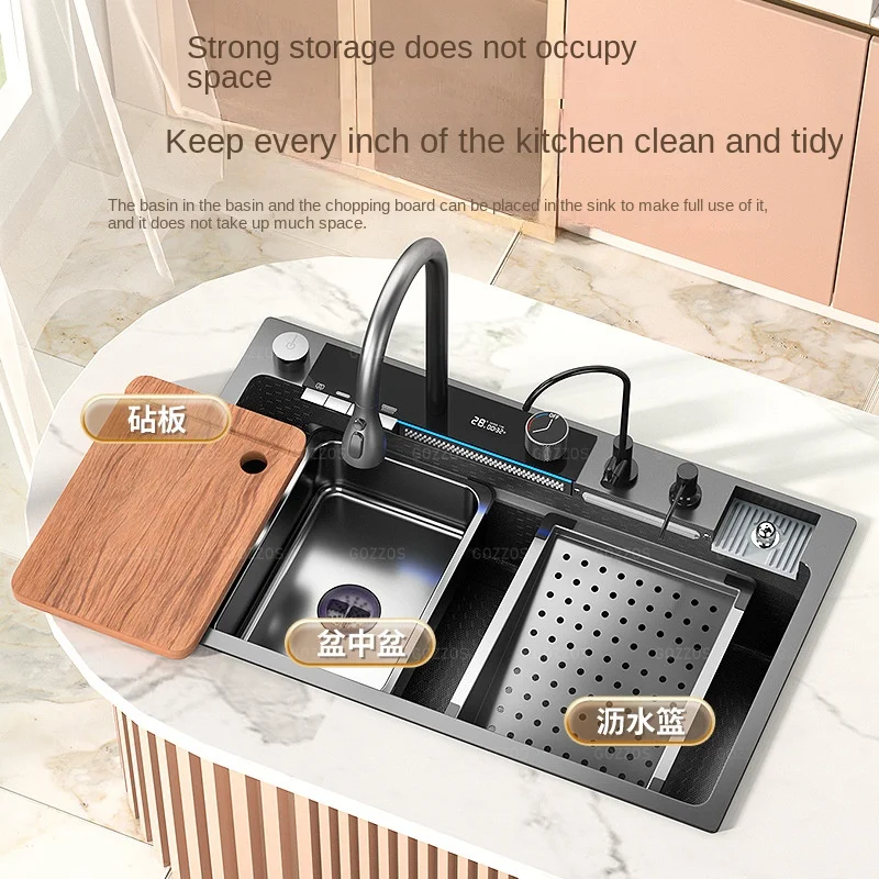 Waterfall Kitchen Sink Single-Slot intelligent Stainless Steel Smart Honeycomb embosse
